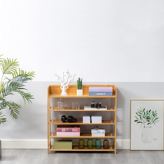 Bamboo Shoe Rack Organizer, 5 Tier Shoe shelf Storage Organizer, For Entryway, Hallway, and Closet (Nature-39.4")
