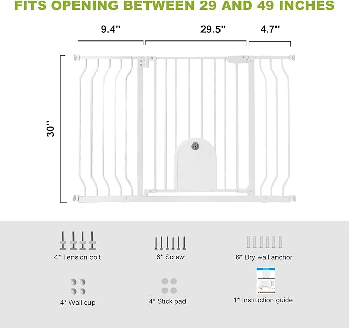 Baby Gates with Cat Door - Auto Close 29.5"-48.4" Safety Metal Dog Pet Gate for Doorway, Stairs, House, Walk Through Child Gate with Pet Door, includes 4 Wall Cups and 2 Extension Pieces