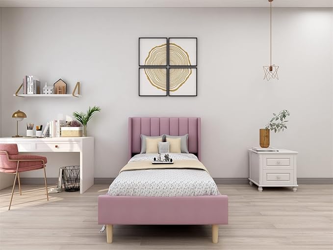 Low Profile Upholstered Platform Bed,Twin Beds with Pink(Velvet)