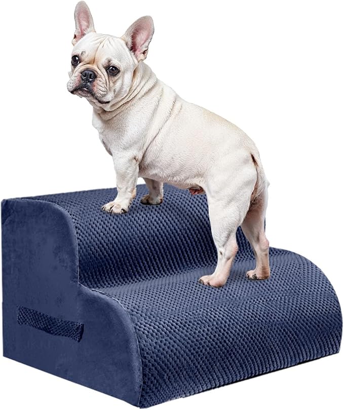 PAWSCART Dog Stairs for Small Pets, 11.8" H with 30D Material Soft Foam, Portable Ramp Non-Slip Surface Non-Slip for Couch and High Bed Climbing, 2-Step Stairs for Cat or Dog, Blue