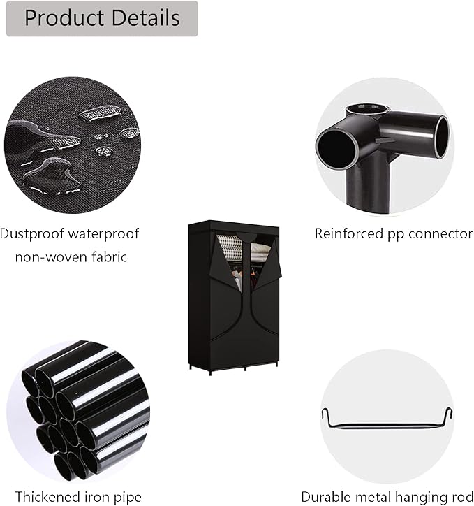 SORCEDAS Portable Wardrobe Closet Storage Organizer Metal Hanging Rack Non-Woven Fabric 34 Inch Black