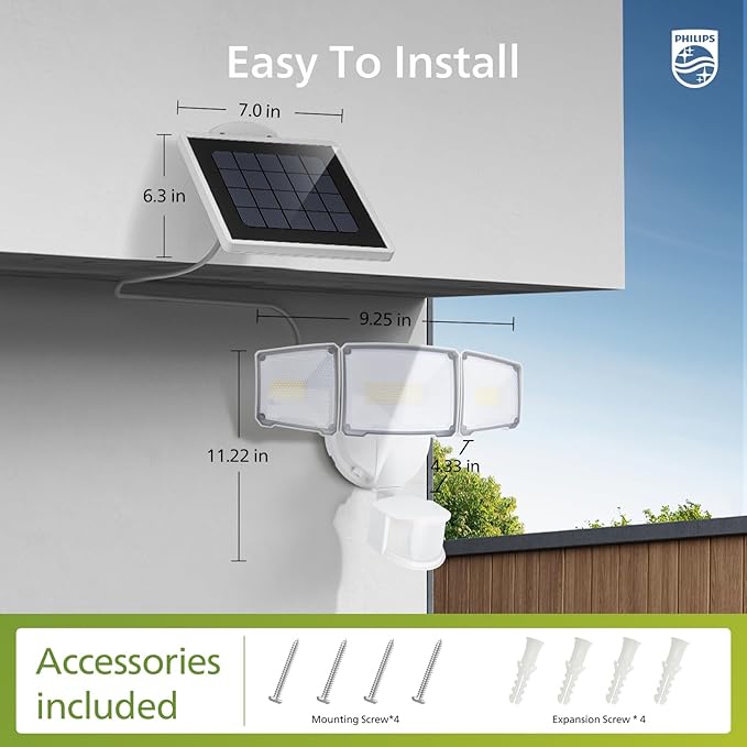 Philips 3600LM Solar Security Lights w/PIR Motion Sensor Outdoor, Waterproof Dimmable, 16ft Cable Separate Solar Panel w/3 Modes LED Flood Lights for Yard, Garage, Porch