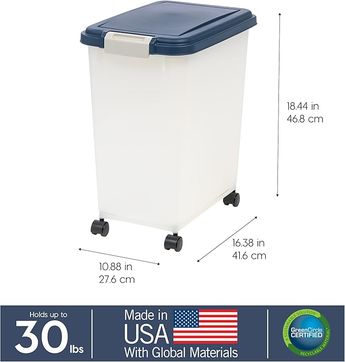 IRIS USA Airtight Dog Food Storage Container, Up to 30 lbs, Attachable Wheels, for Dog Cat Bird and other Pet Food Storage Bin, Keep Fresh, Easy Mobility, BPA Free, Navy/Pearl