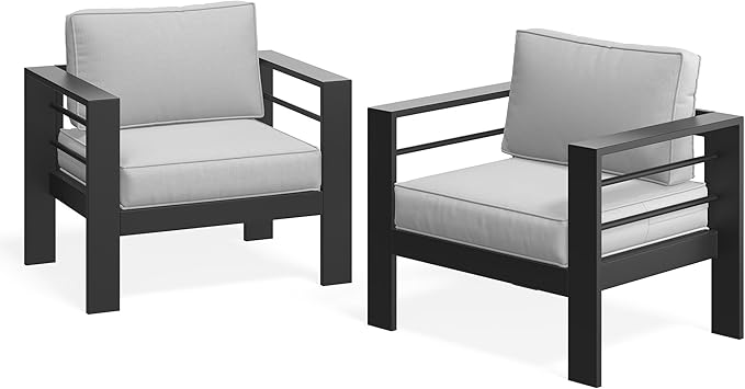 Wisteria Lane Patio Furniture Metal Armchair Set of 2, Metal Outdoor Chairs with Upgraded Cushions, All-Weather Outdoor Single Sofa for Balcony, Garden, Deck, Backyard, Light Grey