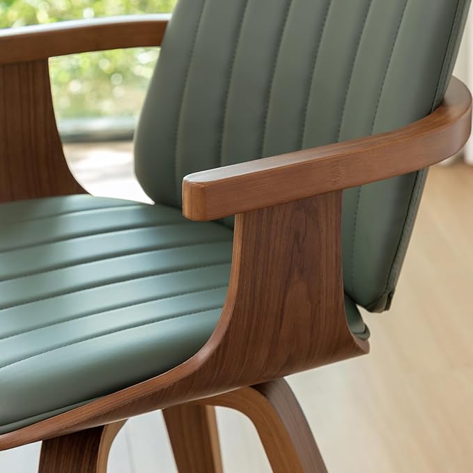 Set of 1 MCM Dining Chair, Mid Century Modern Chair with Walnut Craftsmanship, Upholstered Faux Leather, Wooden Arms and Legs, Faux Leather Dining Chair for Kitchen/Living Room - Green