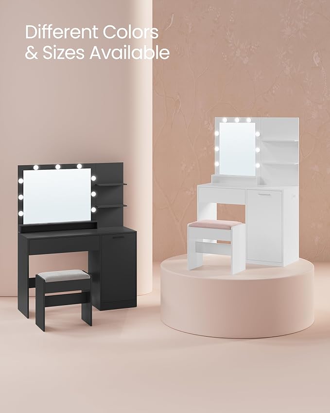 VASAGLE Vanity Desk with Mirror and Lights, 35.4-Inch Wide Makeup Vanity with Upholstered Vanity Stool, Power Outlets, Dimmable LED Lights, Storage Drawer, for Bedroom, Cloud White URDT128W01