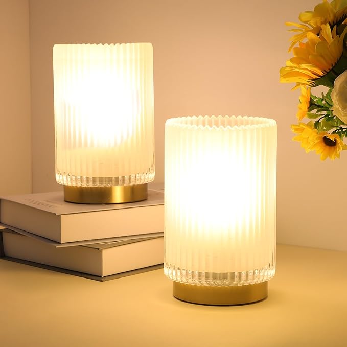 Battery Operated Lamp, Cordless Table Lamp with Timer, Desk Bedside Lamps with LED Warm Light, Glass Small Table Lamp for Bedroom, Bathroom, Living Room, Home Decor - Frosted White
