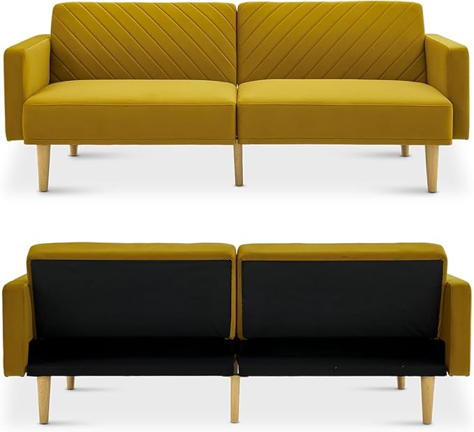 mopio 76.4" Futon Sofa Bed, Couch, Loveseat, Sleeper Sofa, Mid Century Modern Futon Couch, Sofa Cama, Couches for Living Room (Antique Gold Premium Velvet)