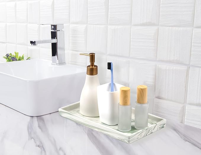 Bathroom Tray,Goporcelain Marble Tray for Bathroom Counter Decor Ceramic Perfume Organizer Vanity Tray for Dresser Jewelry Dish Key Plate Marble Sink Trays Countertop Organizer Holder (Green, Large)