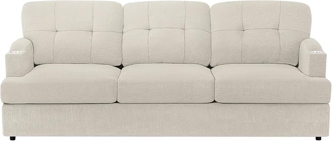 89" Chenille Modern Sofa with Cup Holder, Tufted Upholstered Couch with Thickened Cushions, Comfy 3 Seater Sofa with Deeper Seat for Living Room, Apartment,Beige