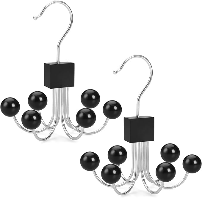 TOPIA HANGER Sweatshirt Hangers 2-Pack with 6 Wooden Balls, Purse Hanger, Scarf Hanger, Wooden Closet Hooks, Handbag Organizer, Bra Hanger, Accessory Organizers for Scarf, Tanktop, Hat, Hoodie CT82B