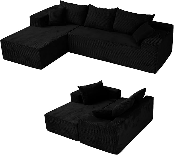 Black Sectional Couches for Living Room, Boneless Couch with L-Shape Chaise, Modular Sofa in Box with Deep Seat, No Assembly Required