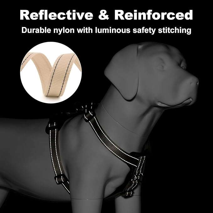Plutus Pet Adjustable No Pull Dog Harness with Leather Accents, Heavy Duty Reflective Nylon Vest for Training, Hiking, Easy Walk Harness for Small, Medium, Large Dogs (Beige, XL)