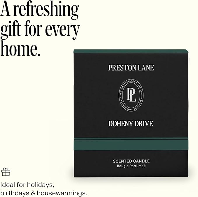 Preston Lane Luxury 2-Wick Scented Candle, Doheny Drive, 7.5 oz Hand-Poured in USA | Long Burn Time (20-30 Hrs), Vegan Soy Wax Blend, Decorative Glass Vessel, Fine Italian Fragrance