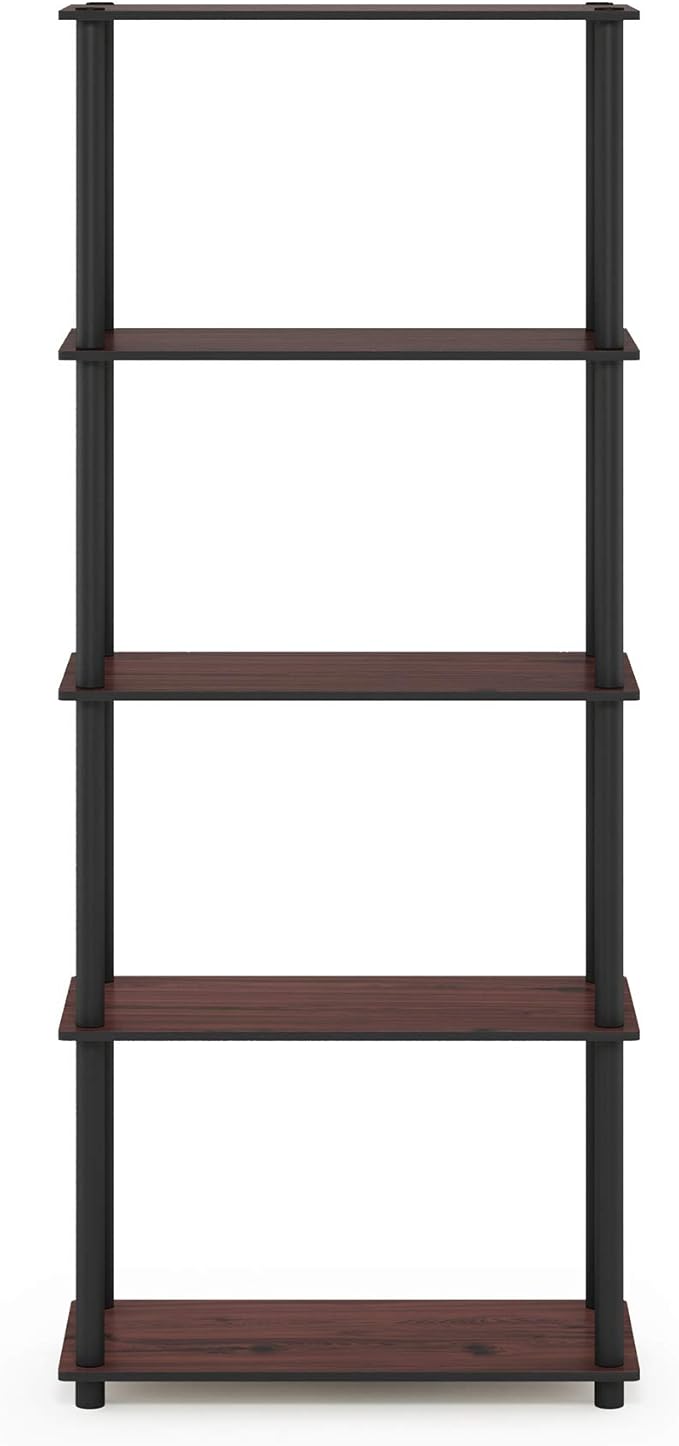 Furinno TURN-N-TUBE Storage Shelves, 5-Tier Book Shelf, Corner Shelf, Toolless Open Shelves, for Organization and Storage, Living Room, Garage, Home Office, Dark Cherry