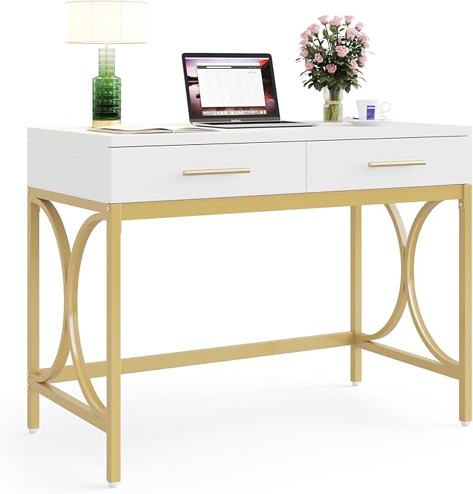 Tribesigns Modern Computer Desk with 2 Drawers, 41 Inches Study Writing Office Desk for Home Office, Bedroom, Makeup Vanity Table Desk with Gold Metal Frame, White & Gold