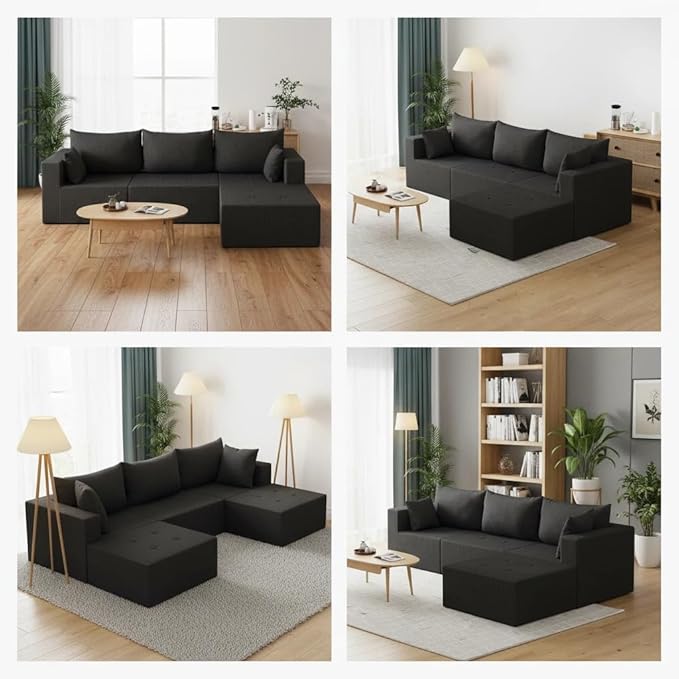 Cloud Boneless Sectional Sofa, Modular Sofa with Deep Seat, Modern Upholstered Couch with Chaise Lounge, Fluffy Comfy L-Shape Sectional Couch for Living Room, Black