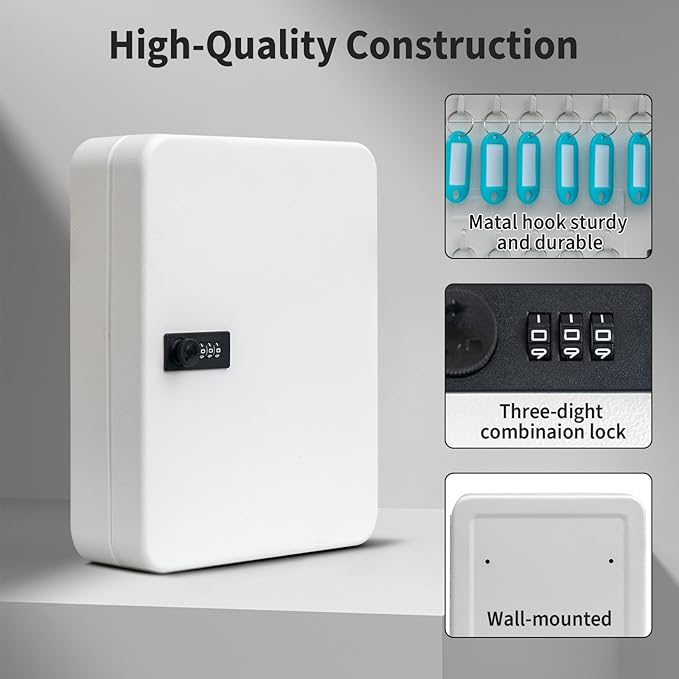 Key Cabinet Lock Box for 93 Keys, Wall Mounted White Security Storage Box Steel Key Organizer with Key Tag Labels Stickers and Hooks