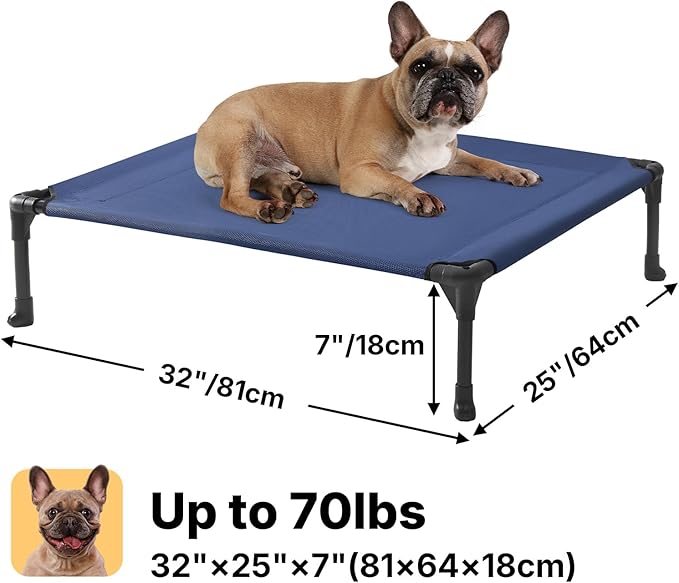 Veehoo Outdoor Elevated Dog Cot Bed, Cooling Raised Pet Bed for Medium Dogs, Washable Breathable Mesh Hammock Bed with No-Slip Feet, Indestructible Ground Off Training Platform Cot-32"x25" Blue