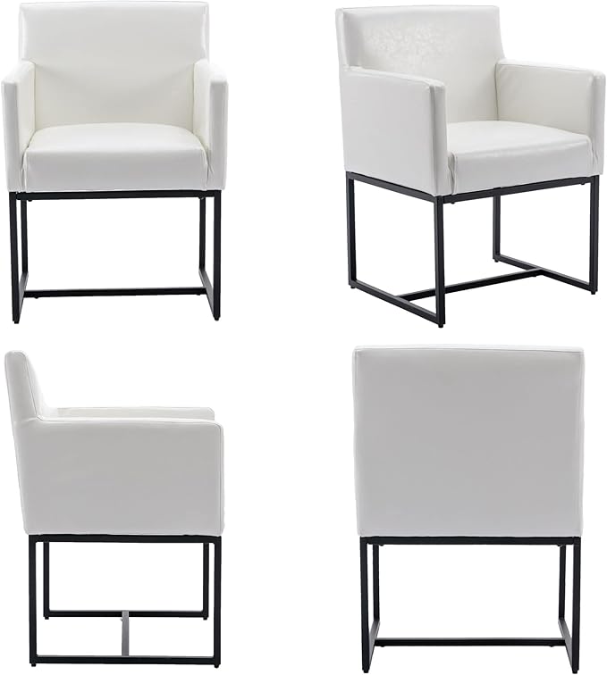Set of 2 Upholstered Dining Chairs with Armrest, PU Leather Modern Accent Armchairs, Kitchen & Dining Room Chairs Side Chairs, White