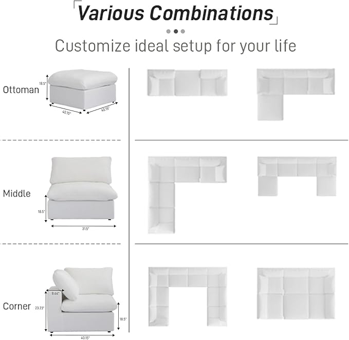Cloud Modular Sectional Sofa Couch,4 Seater Sofa for Living Room,160.6" Convertible Couches, Covers Washable&Replaceable,White