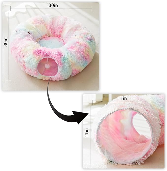 HIPIPET Winter Plush Cat Tunnel with Bed, Multifunctional Cat Toys for Small to Large Cats (Rainbow)