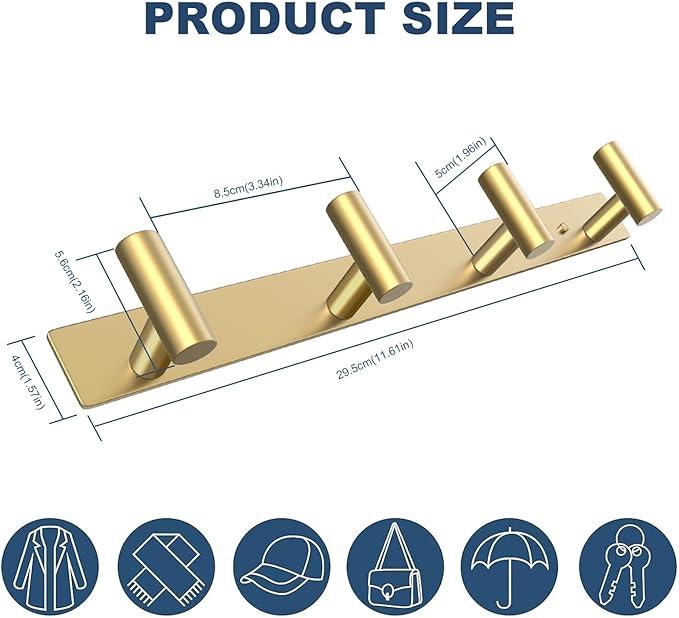 VAEHOLD Hat and Coat Wall Mount Rack - Hooks for Robes, Bags, Keys, and Towels - Bathroom Towel Hanger Organizer (Gold, “T“ Shape 4 Hooks 1 Pack)