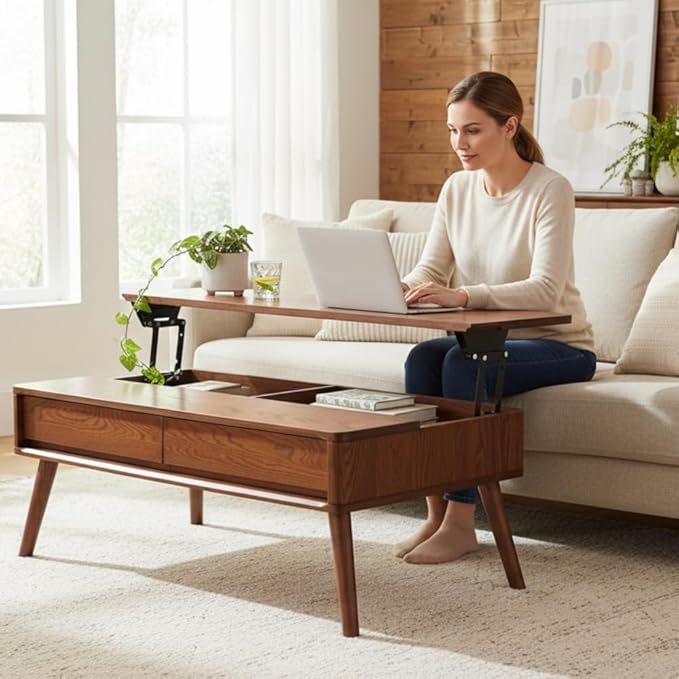 100% Solid Wood Lift Top Coffee Table for Living Room, Mid Century Modern Tables with Drawers and Large Storage, Oak Wood Coffee Tables for Small Spaces (Oak Walnut Color, 47.24"W x 23.62"D x 25.59"H)