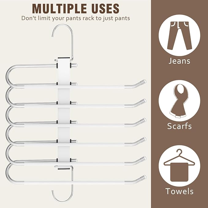 Space Saving 6 Tier Pant Hangers, Anti-Slip, Lightweight, Stainless Steel, 2 Pack, White