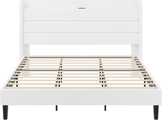 SHA CERLIN King Size Bed Frame with Charging Station, Velvet Upholstered Platform Bed, Wingback Storage Headboard, Type-C & USB Ports, Strong Wooden Slats, No Box Spring Needed, Easy Assembly, White