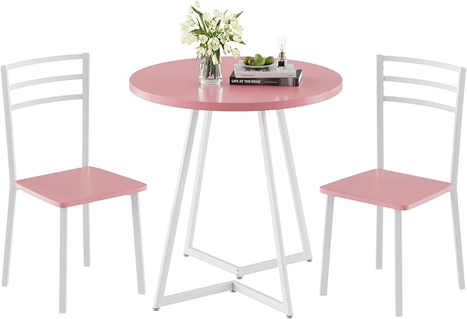 VECELO Small Round Dining Table Set for 2, Wood Tabletop with Strong Metal Frame, Modern Dinette with Chairs for Kitchen, Breakfast Nook Living Room, Pink & White