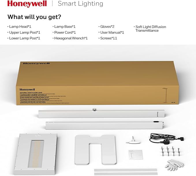 Honeywell 6000LM LED Floor Lamp, 02E Sunturalux Eye-Caring Reading Standing Light, 60W Modern Natural Daylight 4000K Dimmable 77" Tall Floor Lamps for Living Room Kids Study Home Office White