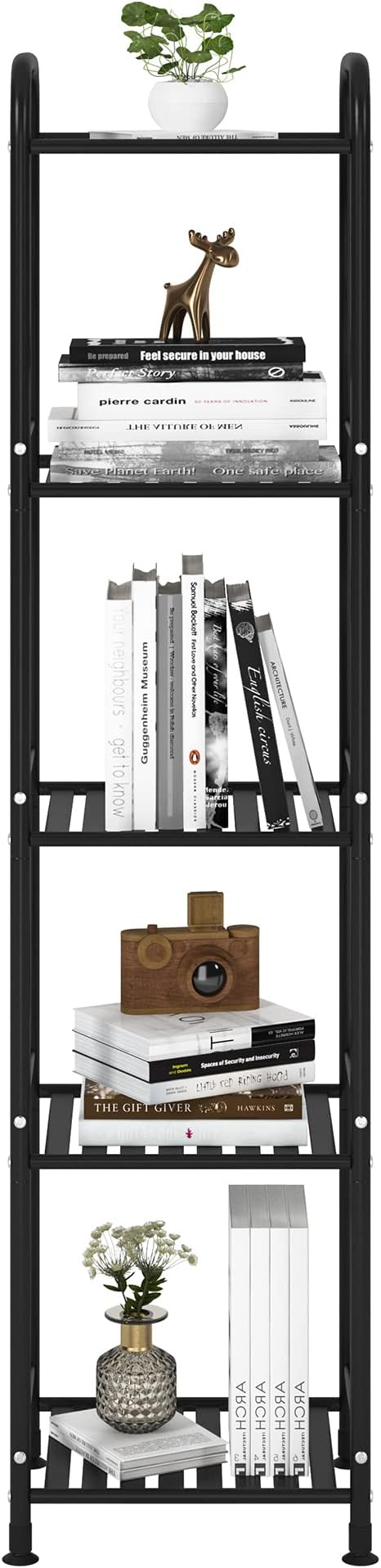 JSB 5 Tier Narrow Bathroom Shelving Unit, Kitchen Storage Rack Organizer Metal Corner Shelf for Living Room Laundry Pantry (Matte Black, 5 Tier)