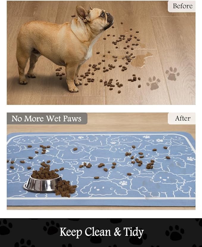 Pet Feeding Mat-Absorbent Dog Mat for Food and Water Bowl-No Stains Quick Dry Water Dispenser Mat-Dog Accessories Pet Supplies-Bowl for Messy Drinkers(BLUEDOGS,17"x28"