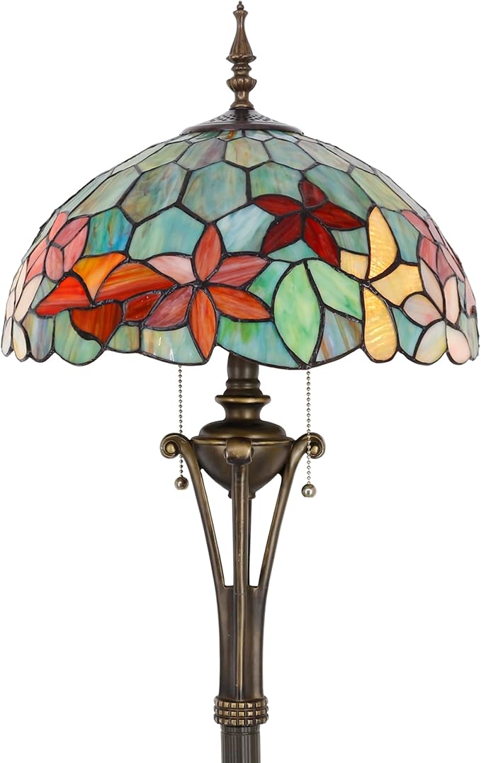 Tiffany Floor Lamp Red Yellow Green Flowers Stained Glass Standing Reading Light 16X16X70 Inches Antique Pole Corner Lamp Decor Bedroom Office Living Room