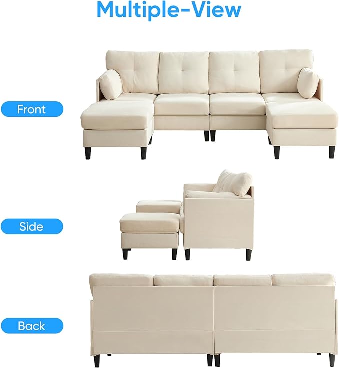 PUREMIND Sectional Home Sofa Living Room, Modern U-Shaped Sofa Couches with Double Chaise, Upholstered 4 Seater Sofa for Living Room, Apartment, Beige