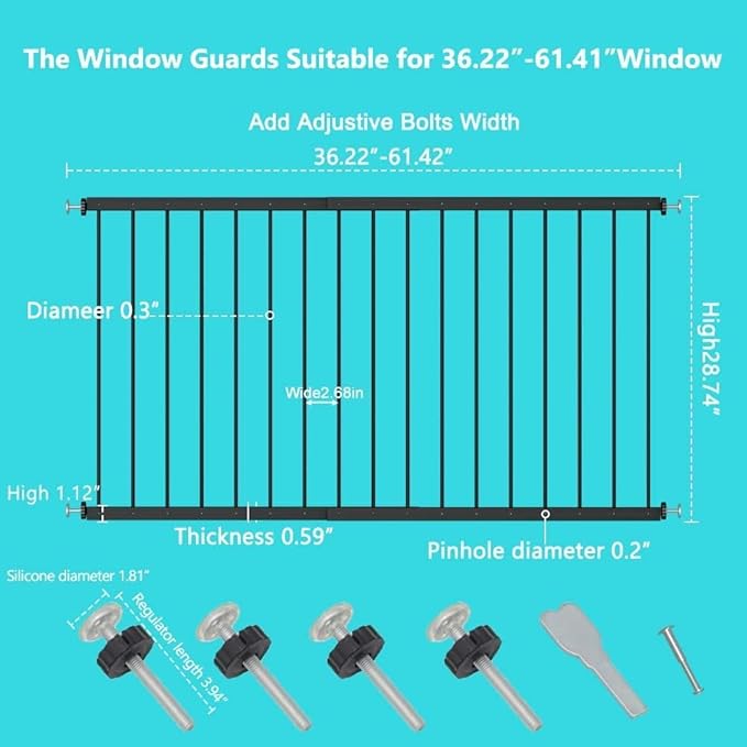 WAOWAO Black Window Safety Guards for Children Kids Toddler Pets Proof Extra Wide Tension Security Window Guard Gate for Home Fit 36.22"-61.41"(2 Piece,Black)