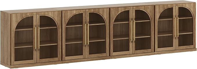 BELLEZE Set of 4 Modular Sideboard with Arched Glass Door, Accent Display Buffet Cabinet with Storage and Adjustable Shelves,Classic Modern Credenza for Dining Room Living Room Entryway (Camel)