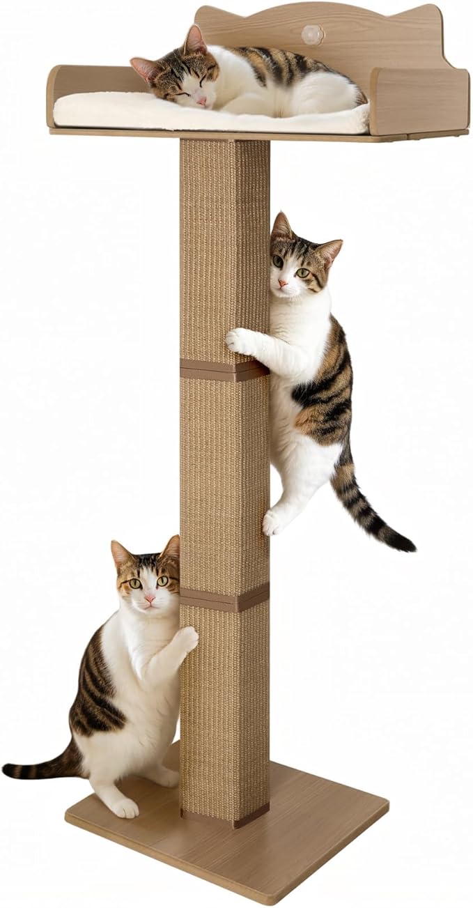 Cat Window Perch with Thick Sisal Scratching Post, Cats Hammock for Window with 3 Upgrade Suction Cups, 55" Adjustable Tall Cat Scratching Post with Large Perch, Cats Window Bed with Fuffy Cushion