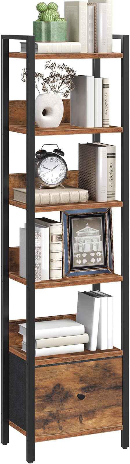 Bookshelf, 6-Tier Bookcase with Drawer, Small Book Shelf for Small Space, Storage Shelf Organizer, for Living Room, Bedroom, Study, Kitchen, Rustic Brown and Black BKHR66101