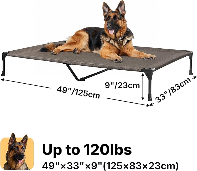 Veehoo XL Outdoor Elevated Dog Cot Bed, Cooling Raised Pet Bed, Washable Breathable Mesh Hammock Bed with No-Slip Feet, Indestructible Ground Off Training Platform Cot-49"x33" Brown