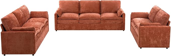 3 Pieces Chenille Sofa Set w/Arm Pillows, Upholstered Loveseat & 2 Pieces 3 Seater Sofa w/Comfortable Back Cushions, Modern 2-Seat & 3-Seat w/High-Density Foam for Living Room, Orange