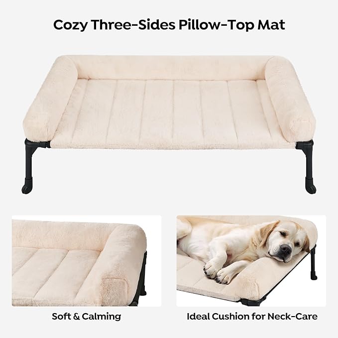 Veehoo Cooling Elevated Dog Bed with Fluffy Plush Bolster Cushion, Indoor Raised Dog Beds for Large Dogs, Soft Pet Sofa Cot with Removable Washable Mat, No-Slip Feet, 49 x 33 inches, Cream White