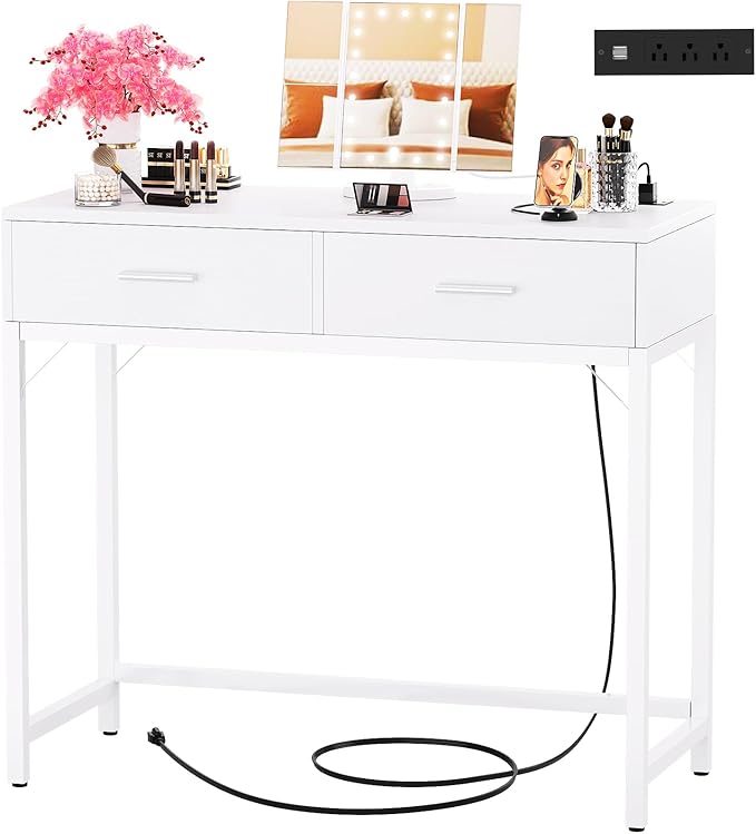 Cyclysio Vanity Desk with Mirror and Lights, 36'' Makeup Vanity Desk with Power Outlet, Small Vanities Set Dressing Table with Drawers for Bedroom, White