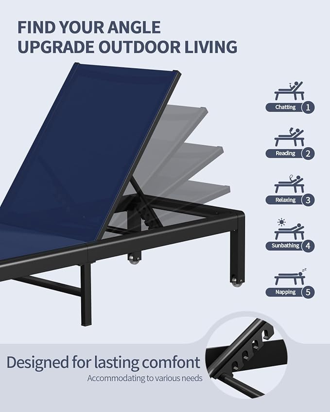 Aluminum Lounge Chairs Outdoor Chaise Furniture,2 Sets Patio Metal Deck Lounger Adjustable 5-Position Poolside Chase Recliner with Wheels for Beach,Coffee Table, (NavyBlue, 1 Chair)