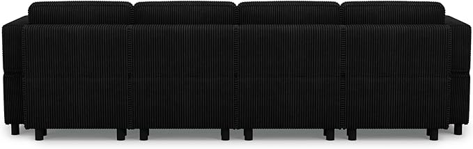 114.2" 5 Seater Modular Sofa with Deep Storage Seat,Corduroy Convertible L Shaped Sectional Couch,Modular Couch with Movable Ottoman Chaise,Upholstered Sectional Couches for Living Room,Black