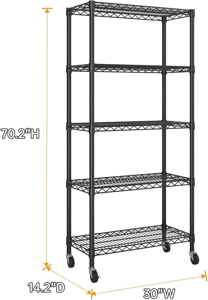 5 Tier Shelves Storage Shelf Wire Closet Bathroom Organizers Metal Pantry Kitchen Garage Shelving Unit Laundry Room Organization Home Rack Net Basket Black with Wheels 14”D X 30”W X 70”H