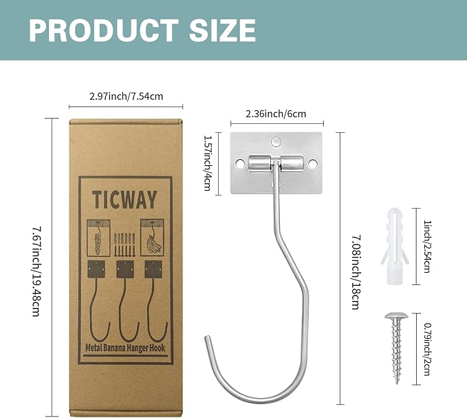 Banana Hanger Hook – Space Saving Banana Holder Hanger to Keep Bananas Fresh, Self Adhesive and Screw Banana Hook 1Pack Silver
