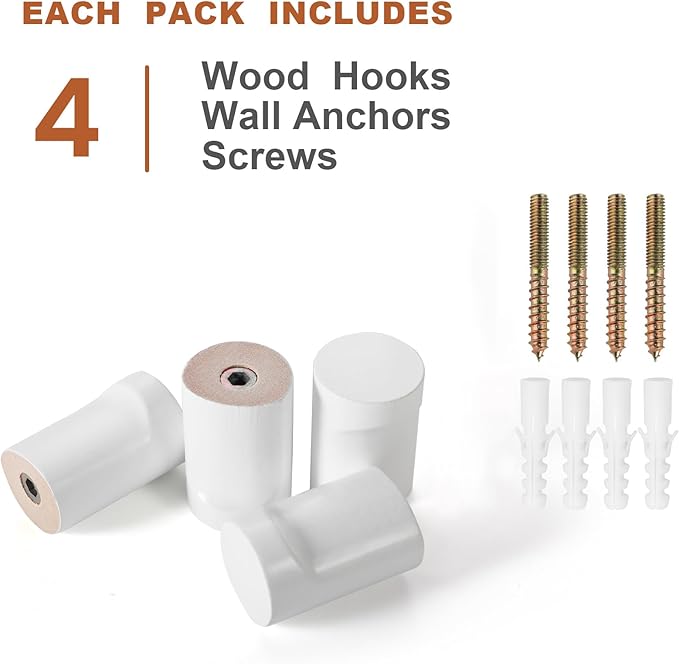 Wood Wall Hooks, 4 Pack White Decorative Coat Hooks Wall Mounted, Modern Hat Hooks Heavy Duty Entryway Wall Hangers for Hanging Purse, Towels, Clothes, Backpack