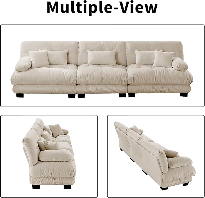 133.8" Oversized 3 Seater Modular Sectional Sofa, Beige Large Sectional Fluffy Couch Set, Chenille Cloud Couch with 5 Pillows, Deep Seat Sofas for Living Room